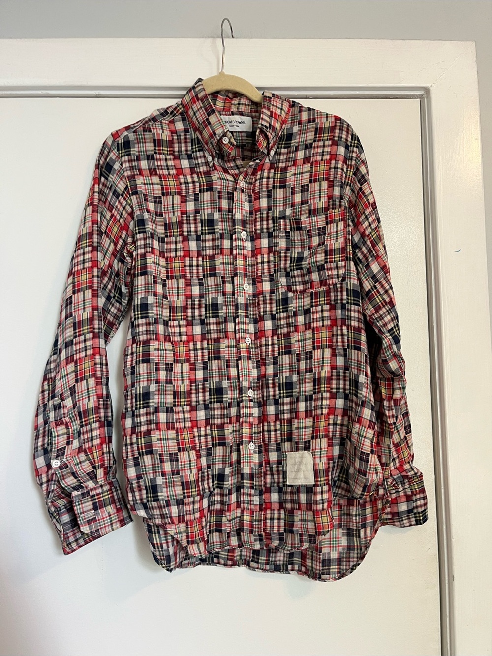 Thom Browne Red green White Plaid patchwork Button-Down Shirt size 3 large